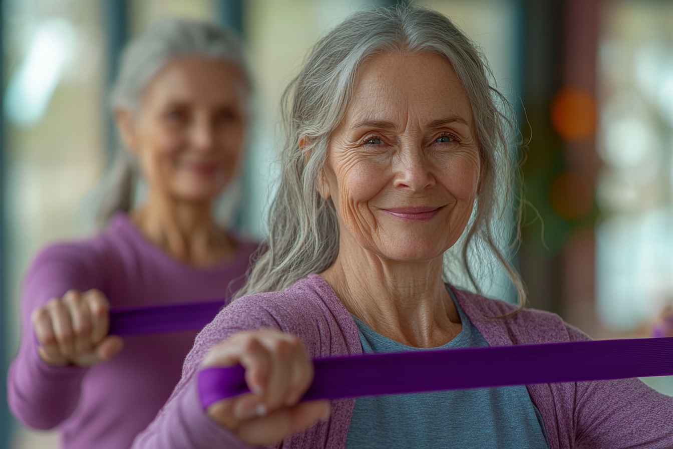 Група старших людей займається фітнесом на природі