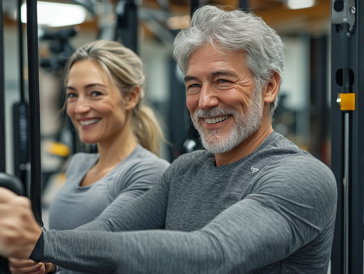 Інструктор допомагає старшій жінці виконувати вправи